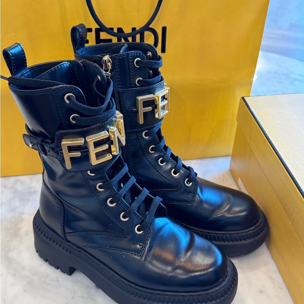 Fendi Black Leather Combat Boots with Gold Accents